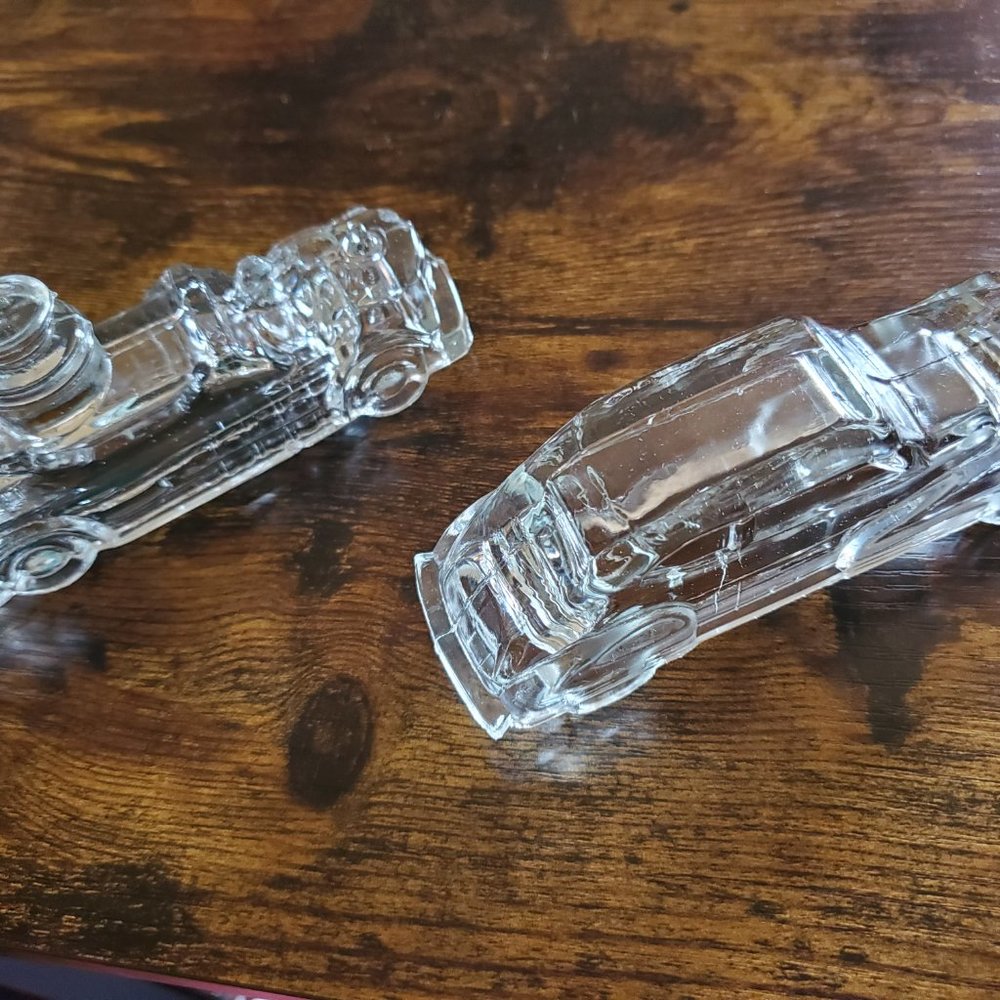 2 Vintage Glass Candy Containers - Car & Fire Engine Collectible